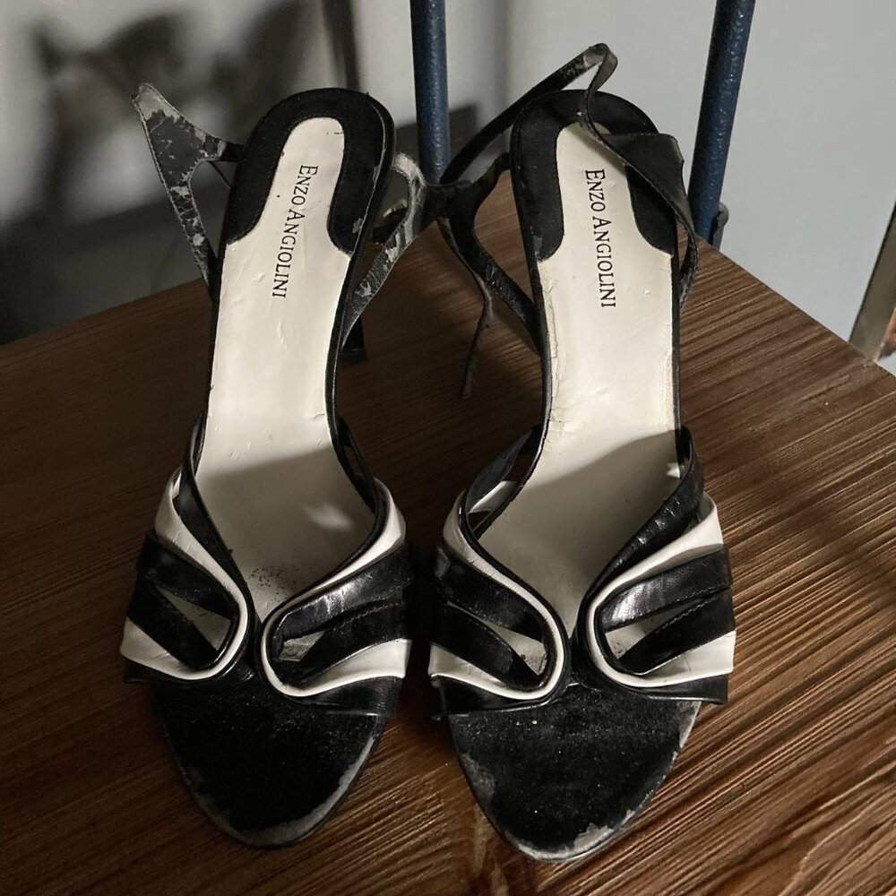 Enzo Angiolini Black and White Leather Open Peep Toe Pumps Size 10
